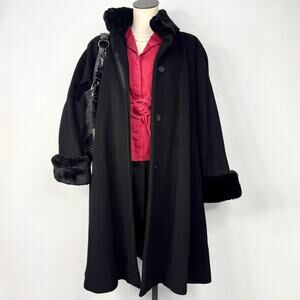 Vint Wool Black Swing Coat Faux Fur Cuffs Collar Winter USA Glam Old Hollywood